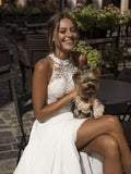 Runhufu Simple Halter Collar Wedding Dress White Sexy High Split Jewel Neck Chiffon Boho Bridal Dress Beach Wedding Gowns