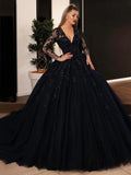 Runhufu Ball Gown Black Wedding Dresses Sequin Lace Appliques Bridal Gowns with Long Sleeve Lace-up Princess Party Dress Plus Size