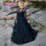 Runhufu Long Sleeves A-Line Black Wedding Dress with Removable Lace Jacket Long Tulle Bridal Dress vestido de novia corto