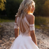 Runhufu Boho Satin Off The Shoulder Wedding Dresses Princess O-Neck A-Line Lace Appliques Illusion Back With Button Bridal Gowns