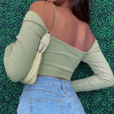 Runhufu Hollow-Out V-neck Long Sleeve Crop Tops Spring Fall Casual Fashion Women Square Collar Slim Ribbed T-Shirts Backless Tee