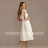 Runhufu Lace Short Wedding Dress White Tea Length Cap Sleeve Party Bridal Gown Simple A Line V-Neck Open Back Vestidos De Noiva