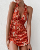 Runhufu New Flowers Halter Tie Up Short Sundress Women Sexy Sleeveless Deep V Neck A-Line Summer Party Club Backless Mini Dress