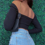 Runhufu Hollow-Out V-neck Long Sleeve Crop Tops Spring Fall Casual Fashion Women Square Collar Slim Ribbed T-Shirts Backless Tee