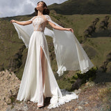 Runhufu Chiffon Wedding Dresses With Cape 2023 A-Line Side Slit O-Neck Lace Appliques Sexy Open Back Sweep Train Bridal Gown