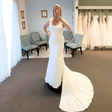 Runhufu Simple Mermaid Satin Wedding Dresses Square Neck Bridal Gowns Backless With Buttons Brides Dress Robes de mariée