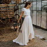 Runhufu Latest Two Pieces Lace Bridal Wedding Dresses Jewel Neck Short Sleeves Gowns High Low Skirt 2024