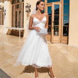 Runhufu On Sale White Wedding Dresses Short Gowns Mid Calf Length Sleeveless V Neckline Bridal Back Out Simple