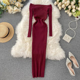 Runhufu Slash Neck Knitted Dress Women Sexy Off Shoulder Cross Elastic Warm Dress Autumn Winter Fashion Sweater Bodycon Dress