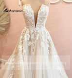 runhufu Deep V Neck Weddding Dresses Vestido De Novia Lace Appliques A Line Open Back Sweep Train Bridal Gown abito da spos