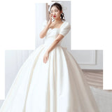 Runhufu New Luxury Satin Wedding Dress Pure White With Train Simple Bridal Ball Gown Plus Size Custom Made Lace Up Vestido De Noiva