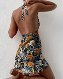 Runhufu New Flowers Halter Tie Up Short Sundress Women Sexy Sleeveless Deep V Neck A-Line Summer Party Club Backless Mini Dress