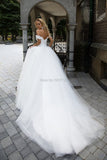 Runhufu the Shoulder A Line Wedding Dresses Tulle Sweetheart Lace Up Vestido De Noiva Lace Appliques Bridal Gown Court Train