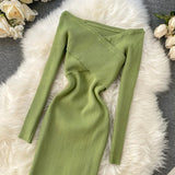 Runhufu Slash Neck Knitted Dress Women Sexy Off Shoulder Cross Elastic Warm Dress Autumn Winter Fashion Sweater Bodycon Dress