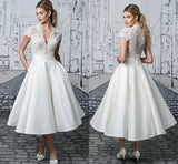 Runhufu Simple V-Neck Short Wedding Dress 2024 Cap Sleeve Tea-length Vintage Bridal Gown Elegant Vestido De Novia