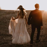 Runhufu Deep V-Neck Wedding Dresses Nude Champagne Ruffles Tulle Sleeveless Bridal Gowns A Line Sexy Country Style Robe De Mariee