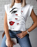 Runhufu New Fashion Women White Tops Summer Short Sleeve Stand Collar T-shirt Casual Red Lips Print Pullover Tees Plus Size