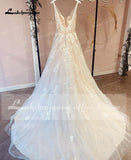 runhufu Floral Appliques Wedding Dresses 2023 V Neck Backless A-Line Court Train Tulle Bridal Gowns Vestido Robe Mariee