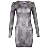 Runhufu Through Dragon Print Mesh Dress Women Sexy Long Sleeve Short Pencil Dress Spring Summer Fashion Round Collar Dress Clubwear