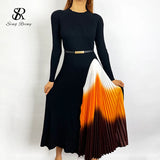 Runhufu Women Elegant French Dress Design Splice Gradient Pleated A-line Knitted Dresses Autumn Fashion Streetwear Midi Dress