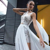 Runhufu Sexy Side Split Halter Wedding Dress A-Line Sleeveless Lace Appliques Backless Sweep Train Chiffon Bridal Gown