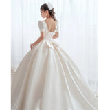 runhufu New Luxury Satin Wedding Dress Pure White With Train Simple Bridal Ball Gown Plus Size Custom Made Lace Up Vestido De Noiva