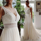 Runhufu Bohemian Wedding Dresses V Neck Appliques Lace Tulle White Ivory Beach A-Line Boho Bride Gown 2024 vestidos de novia