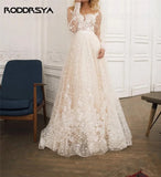 Runhufu Scoop Neck Long Sleeves Champagne Wedding Dress Sexy Open Back Tulle Lace Applique Bridal Dress A-line vestidos noiva