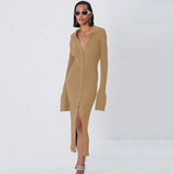 Runhufu Autumn Winter Elegant Knit Rib Bodycon Dress Office Lady Long Sleeve Lapel Button down Midi Dress Party Casual Women Wear