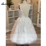 runhufu Wedding Dresses Summer 2023 Tea Length Robe De Mariée V-Neck Lace appliques Bride Dress Vestido De Novia