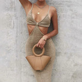 Runhufu Women¡¯s Suspender Long Dress Solid Color Hollow Waist Wrapped Sundress Party Beach Elegant Backless High Waist Tight Dress