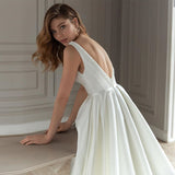Runhufu Pleats Satin Wedding Dress 2023 For Women A-line V-Neck Sleeveless Backless With Beading Bridal Gown Vestido De Novia