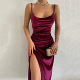 Runhufu Elegant Velvet Spaghetti Straps Dresses Vintage Women Cowl V-Neck High Split Bodycon Dress Party Club Evening Vestidos