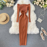 Runhufu Slash Neck Knitted Dress Women Sexy Off Shoulder Cross Elastic Warm Dress Autumn Winter Fashion Sweater Bodycon Dress