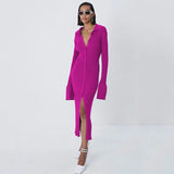 Runhufu Autumn Winter Elegant Knit Rib Bodycon Dress Office Lady Long Sleeve Lapel Button down Midi Dress Party Casual Women Wear