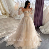 Runhufu Champagne Tulle Wedding Dresses Beaded Appliques Sweetheart Neckline Corset Back Chic Bridal Wedding Party Gowns