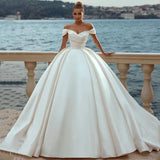 Runhufu Sexy White Wedding Dresses 2024 Off Shoulder Sweep Train Bride Dress Lace Up Back Satin Wedding Evening Gowns Plus Size