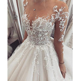 Runhufu Charming Lace Wedding Dress V-Neck Long Sleeves 2024 Princess Wedding Gown Illusion Bride Gowns Buttons robe de mariee