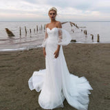 Runhufu Sparkly Sequin A Line Beach Wedding Dress Puff Elegant Long Sleeves Sweetheart Tulle Backless Bride Dress Robe De Mariee