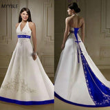 Runhufu Ivory and Royal Blue A Line Wedding Dresses Halter Neck Embroidery beading Court Train Lace Up Bridal Gowns Custom Made 925