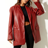 Runhufu PU Faux Leather Blazers Jackets Vintage Classic Solid Lapel Loose Coats Women Outerwear Fall Winter Female Leather Suits