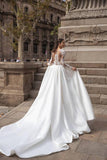 runhufu A Line Wedding Dresses Boho Soft Satin Beach Bridal Gowns O-Neck Lace Princess Party Gowns Long Sleeves Bride Dress 2023