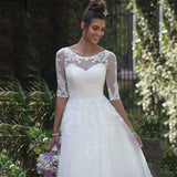 Runhufu Tea-Length Short Wedding Dress Half Sleeve O-Neck Lace Appliques Elegant A-Line Tulle Bridal Gown With Button Back