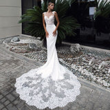 Runhufu Sleeveless Mermaid Wedding Dresses 2023 Sheer Scoop Neck Lace Appliques Vintage Bridal Gown Blackless Sweep Train