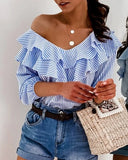 Runhufu New Blue Striped Ruffles Collar Blouse for Women Summer Tops Office Lady Half Sleeve V-Neck Shirts Elegant Women Blouse