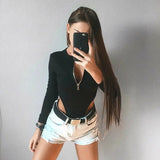 Runhufu Women Zip Up Long Sleeve Bodysuit Fashion Slim Fit Leotard Tops Night Club Bottoming Shirts Goth Black Tops Bodysuit