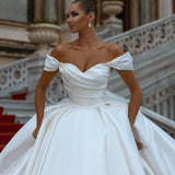 Runhufu Sexy White Wedding Dresses 2024 Off Shoulder Sweep Train Bride Dress Lace Up Back Satin Wedding Evening Gowns Plus Size