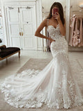 Runhufu Ivory Mermaid Wedding Dresses Lace Appliques Tulle Bridal Gowns with Train Sweetheart Spaghetti Straps Vintage Gowns 2024