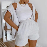 Runhufu Women Casual Sports Shorts Solid Color Elastic Waist Wide Leg Shorts with Slant Pockets Female Tracksuit Workout Bottoms Shorts