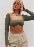 Runhufu New Women's Rib Knit Crop Tops Sexy Long Sleeve Square Neck Stretchy T-Shirt Simple Style Solid Color Skinny Basic Tops